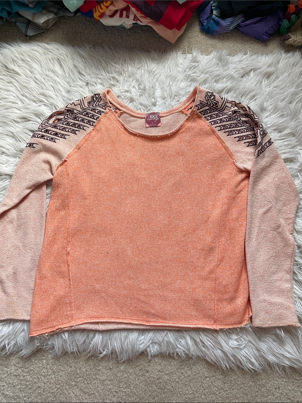BKE Two-Tone Peach Pullover with Embroidered Shoulder Detail